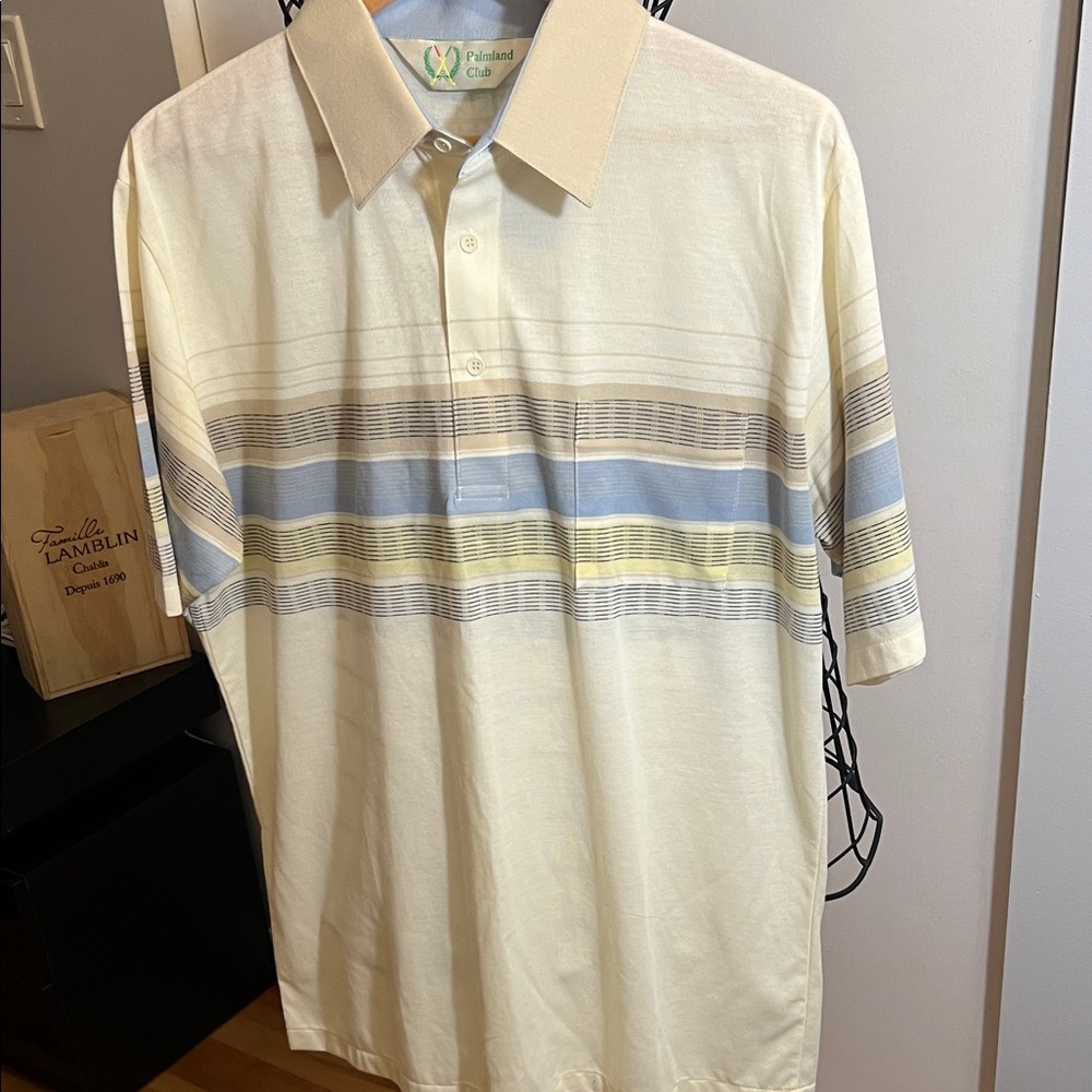 Cream Polo with Blue and Yellow Stripes